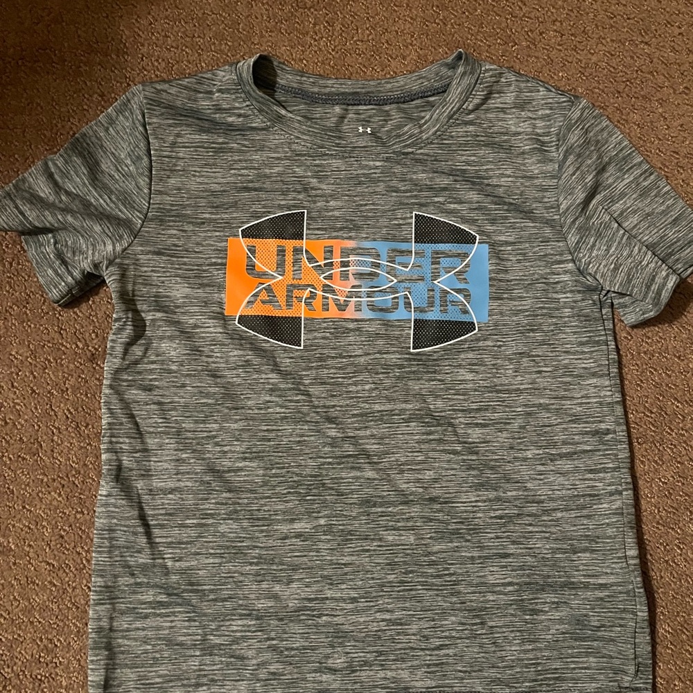 Under Armour Kids Heather Gray Tee with Orange and Blue Logo
